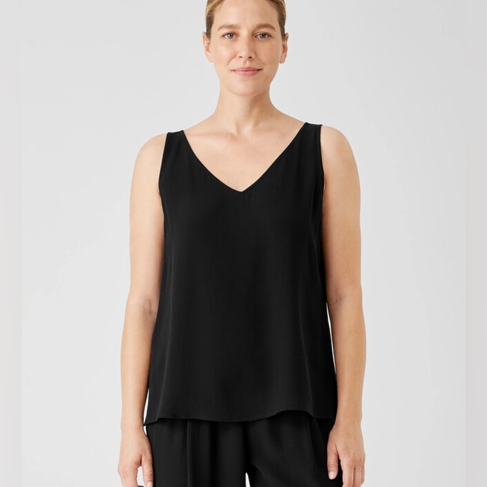 Eileen Fisher Silk Georgette Crepe V Neck Tank Top